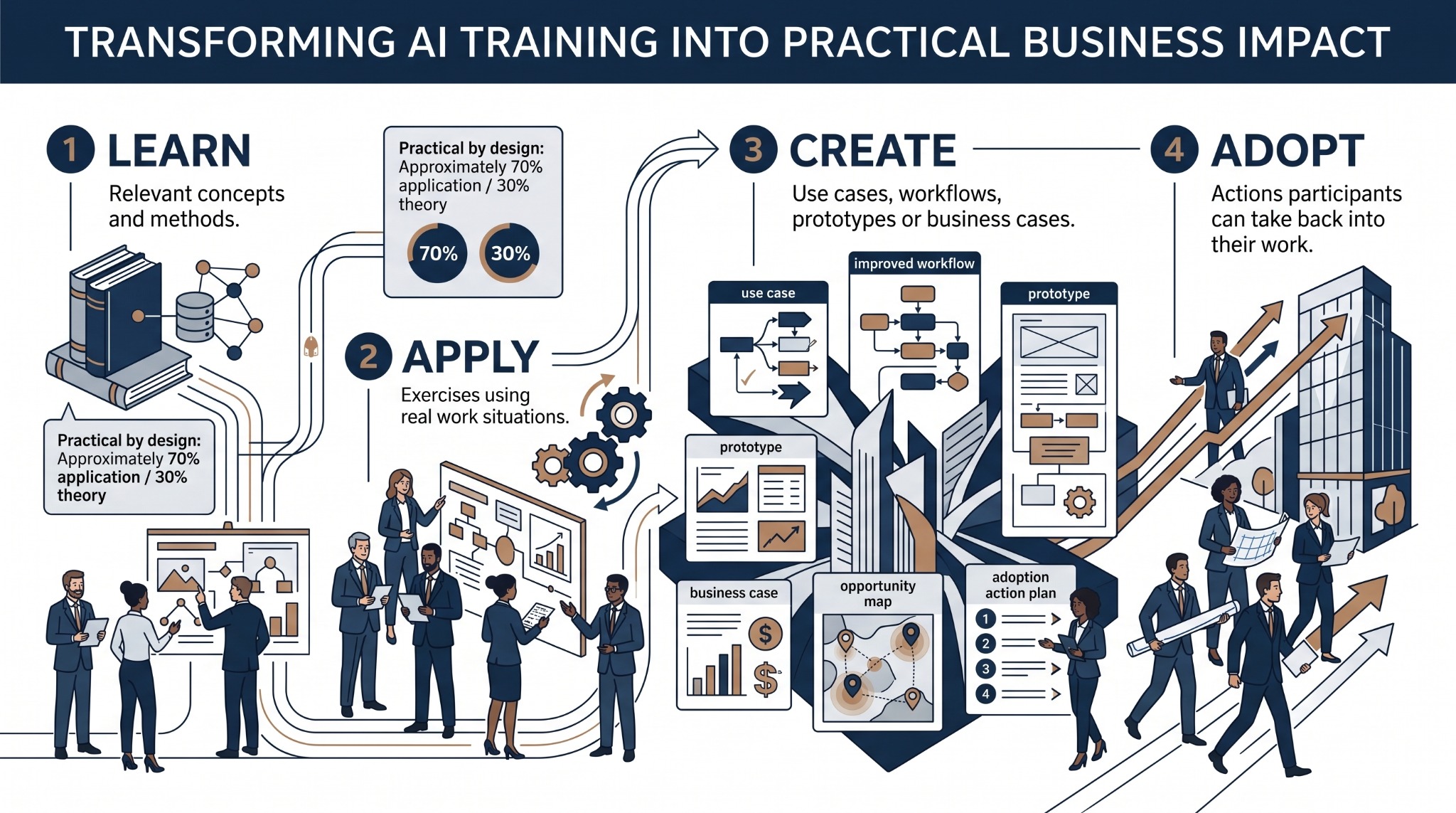 AI training journey from Learn to Apply to Create to Adopt, producing practical business outputs